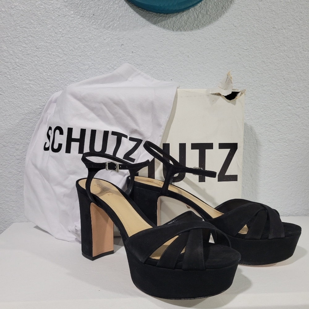 Schutz Keefa Platform Sandal Heels Black Sz 10.5